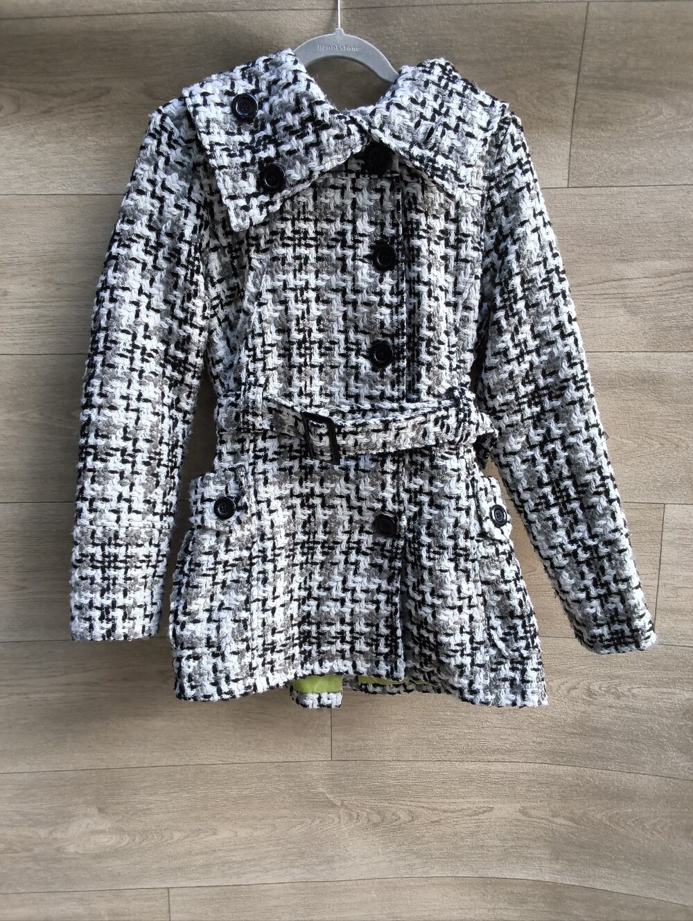 DOLLHOUSE Women's Wool Blend Tweed Boucle Belted Pea Coat Black White Size L